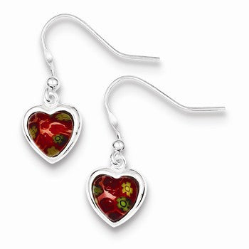 Sterling Silver Red Glass Polished Heart Dangle Earrings