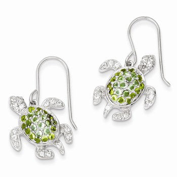 Sterling Silver Clear, Green & Blue CZ Turtle Dangle Earrings