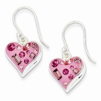 Sterling Silver Stellux Crystal Accented Pink Heart Dangle Earrings