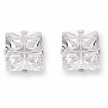 Sterling Silver 7mm Square CZ 4 Prong Stud Earrings