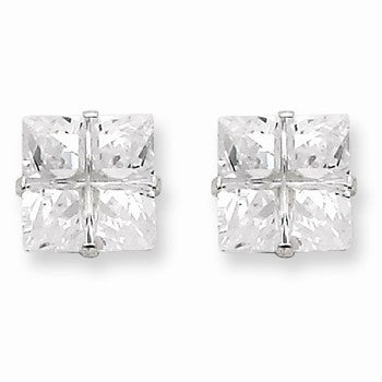 Sterling Silver 8mm Square CZ 4 Prong Stud Earrings