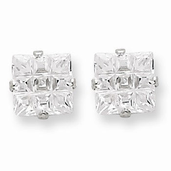 Sterling Silver 6mm Square CZ 4 Prong Stud Earrings