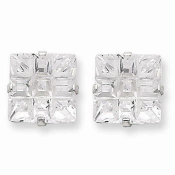 Sterling Silver 9mm Square CZ 4 Prong Stud Earrings