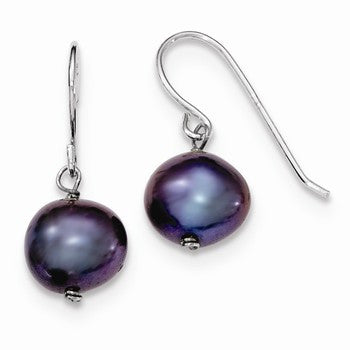 Sterling Silver Black 7.5-8mm Freshwater Cultured Pearl Dangle Earrings