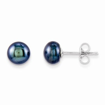 Sterling Silver 6.5-7mm FW Cult. Button Pearl Black Earrings