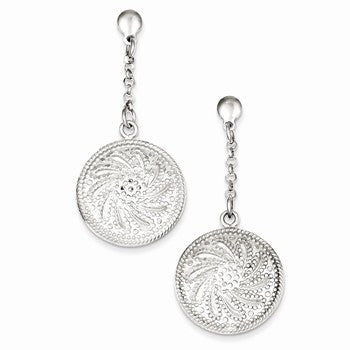 Sterling Silver Rhodium Plated Diamond-cut Discs Post Dangle Earrings