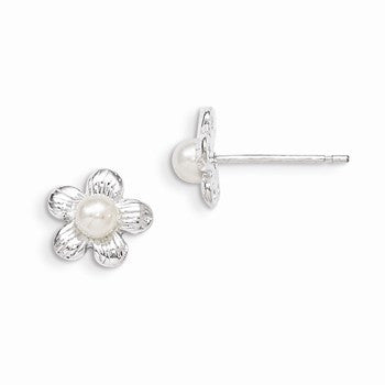 Sterling Silver Flower & Synthetic Pearl Post Earrings