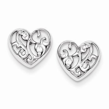 Sterling Silver Rhodium Plated CZ Heart Post Earrings