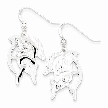 Sterling Silver Polished & Textured Dolphin Dangle Earrings