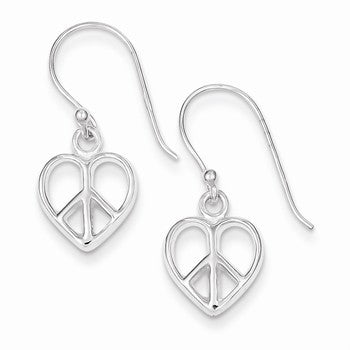 Sterling Silver Peace Sign Heart Shepherd Hook Earrings