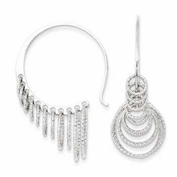 Sterling Silver Rhodium Plated Diamond-cut Circles Dangle Hoop Earrings