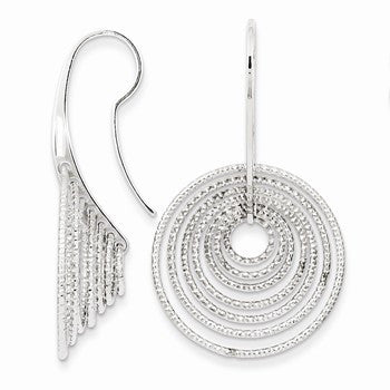 Sterling Silver Rhodium Plated Diamond-cut Circles Dangle Earrings