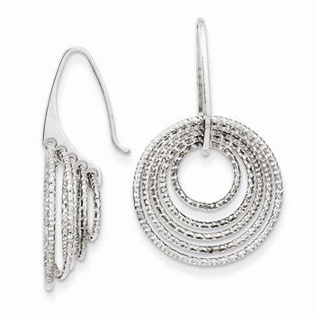 Sterling Silver Rhodium Plated Diamond-cut Circles Dangle Earrings