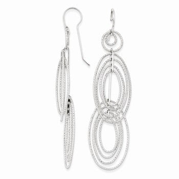 Sterling Silver Rhodium Plated Diamond-cut Ovals Dangle Earrings