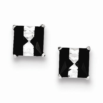 Sterling Silver Black & White Colored CZ 6mm Square Post Earrings