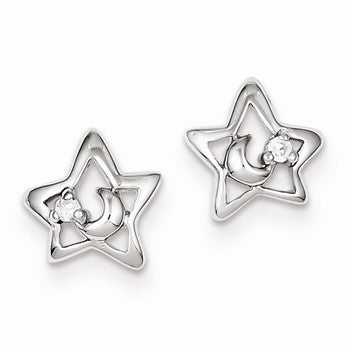 Sterling Silver Rhodium Plated CZ Star Moon Post Earrings