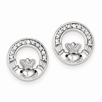 Sterling Silver Rhodium Plated CZ Claddagh Post Earrings