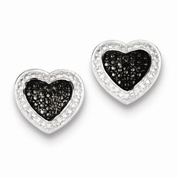 Sterling Silver Black Rhodium Plated Black CZ Heart Post Earrings