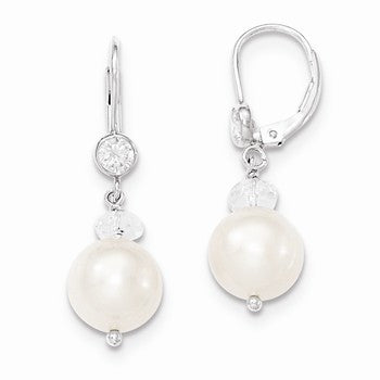 Sterling Silver FWC Pearl/CZ W/Crystal Leverback Earrings