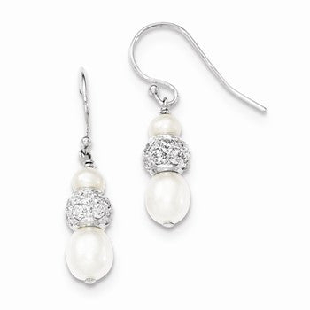 Sterling Silver Fresh Water Cultured Pearl & CZ Bead Drop Earrings