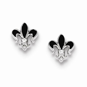 Sterling Silver Rhodium Plated CZ Enamel Fleur de lis Post Earrings