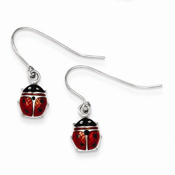 Sterling Silver Rhodium Enameled Lady Bug Dangle Earrings