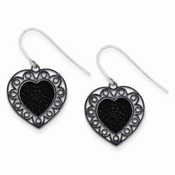 Sterling Silver Black Ceramic Black Swarovski Elements Heart Dangle Earring, Jewelry Earrings