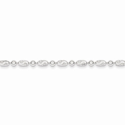 Sterling Silver Polished Round and Textured Oval Bead Anklet