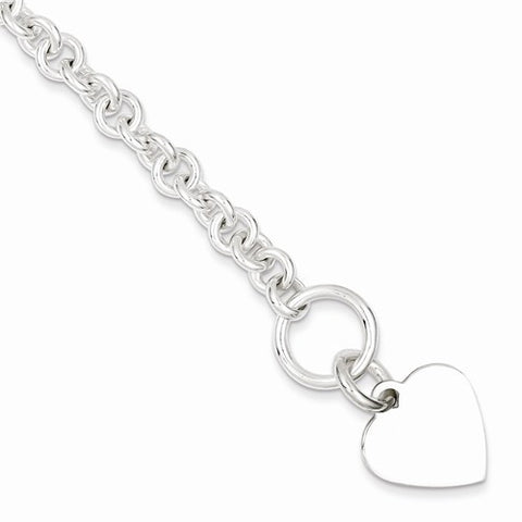 Sterling Silver Engraveable Heart Disc On Fancy Link Toggle Bracelet