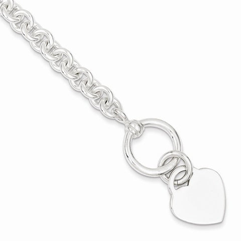 Sterling Silver Engraveable Heart Disc On Fancy Link Toggle Bracelet