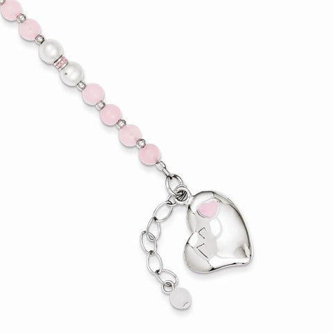 Sterling Silver Pearl and Rose Quartz Childs Heart Bracelet