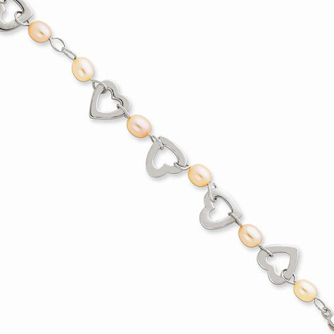 Sterling Silver Pink Pearls and Heart Bracelet