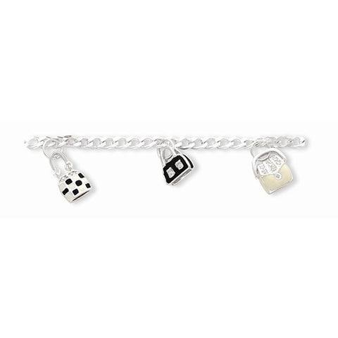 Sterling Silver Cz Enameled Hand Bag Bracelet