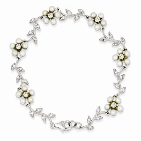 Sterling Silver Pearl and Cz Floral Bracelet