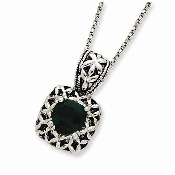 Sterling Silver Antiqued Green Synthetic Crystal Necklace