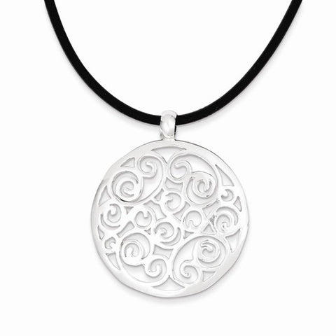 Sterling Silver Round Fancy Pendant Cord Necklace