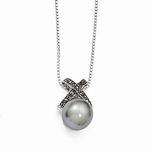 Sterling Silver Marcasite and Simulated Gray Pearl Necklace