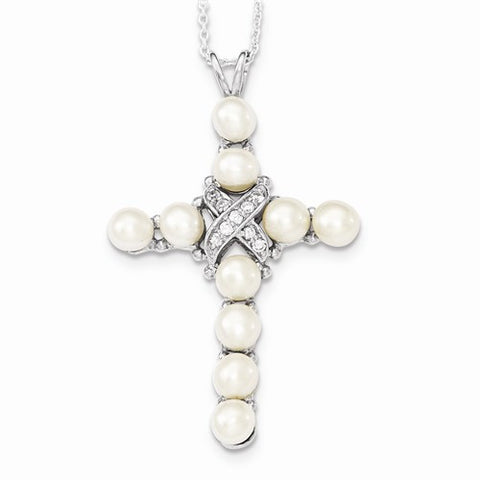 Sterling Silver CZ and Freshwater Pearl Cross Necklace