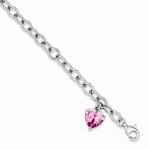 Sterling Silver Rolo with Pink Cz Heart Bracelet