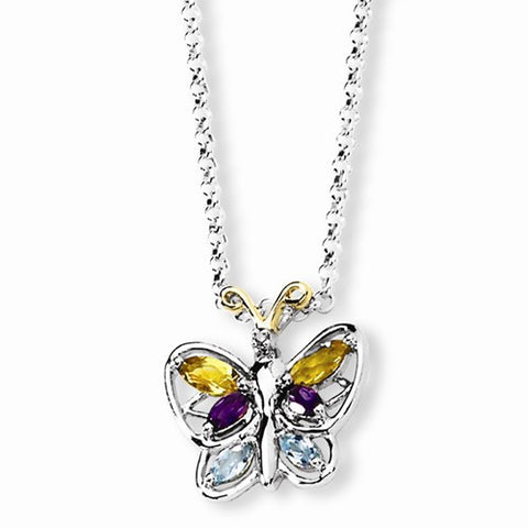 Sterling Silver & Citrine, Amethyst, Blue Topaz Butterfly Necklace