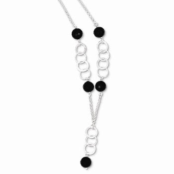 Sterling Silver & Black Bead Polished & Textured Drop Necklace