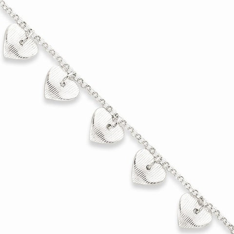 Sterling Silver Polished & Textured Fancy Heart Bracelet