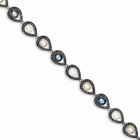 Sterling Silver Antiqued Black Whitepink Fw Cultured Pearl Bracelet