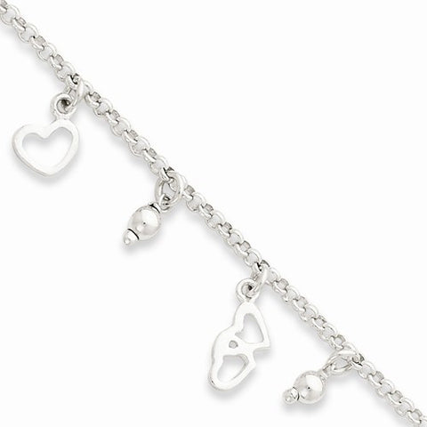 Sterling Silver Polished Heart & Bead Fancy Dangle Bracelet