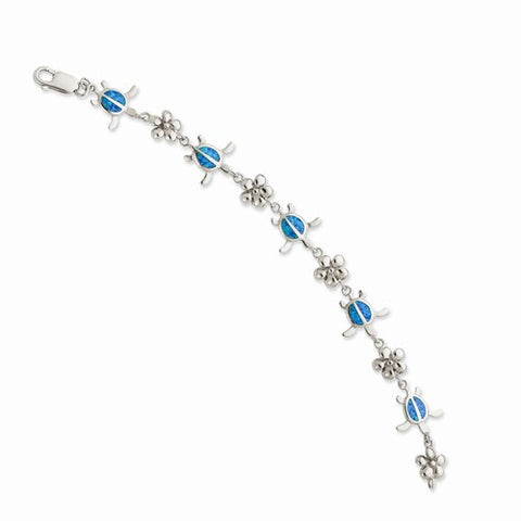 Sterling Silver Created Blue Opal Inlay Tortoise with Flower Bracelet