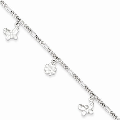 Sterling Silver Polished Butterfly and Flowers Bracelet