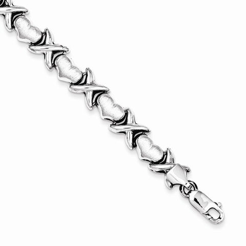 Sterling Silver Rhodium Polished and Brushed Xs and Hearts Bracelet