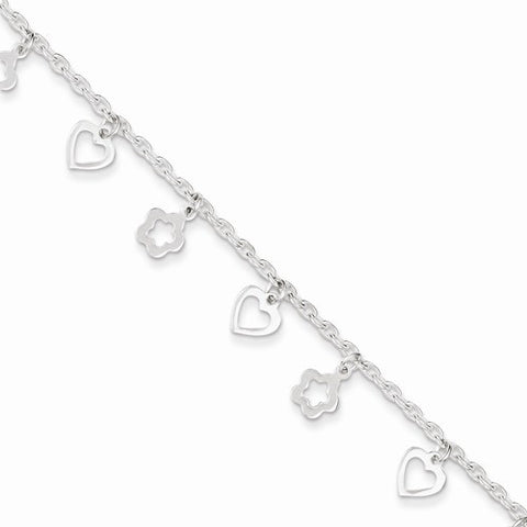 Sterling Silver Polished Heart and Flower Bracelet