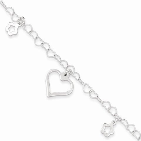 Sterling Silver Polished Heart and Flowers Bracelet