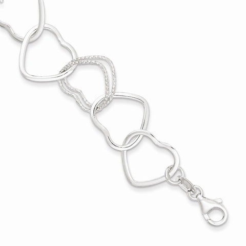 Sterling Silver Polished and Textured Heart Link Bracelet